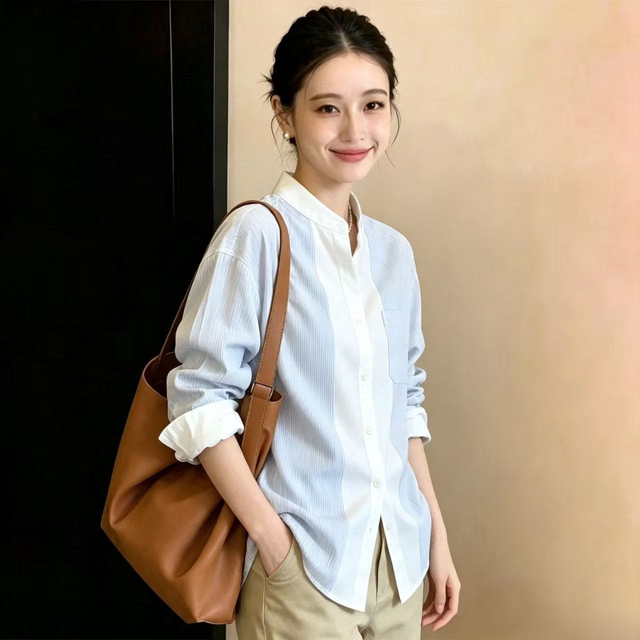 2026 가을 새로운 다용도 맨위 프랑스식 스탠드 칼라 스트라이프 셔츠 경력 출퇴근 착용 가져 가라. 고유 한 잘 생긴 맨위 이미지 3