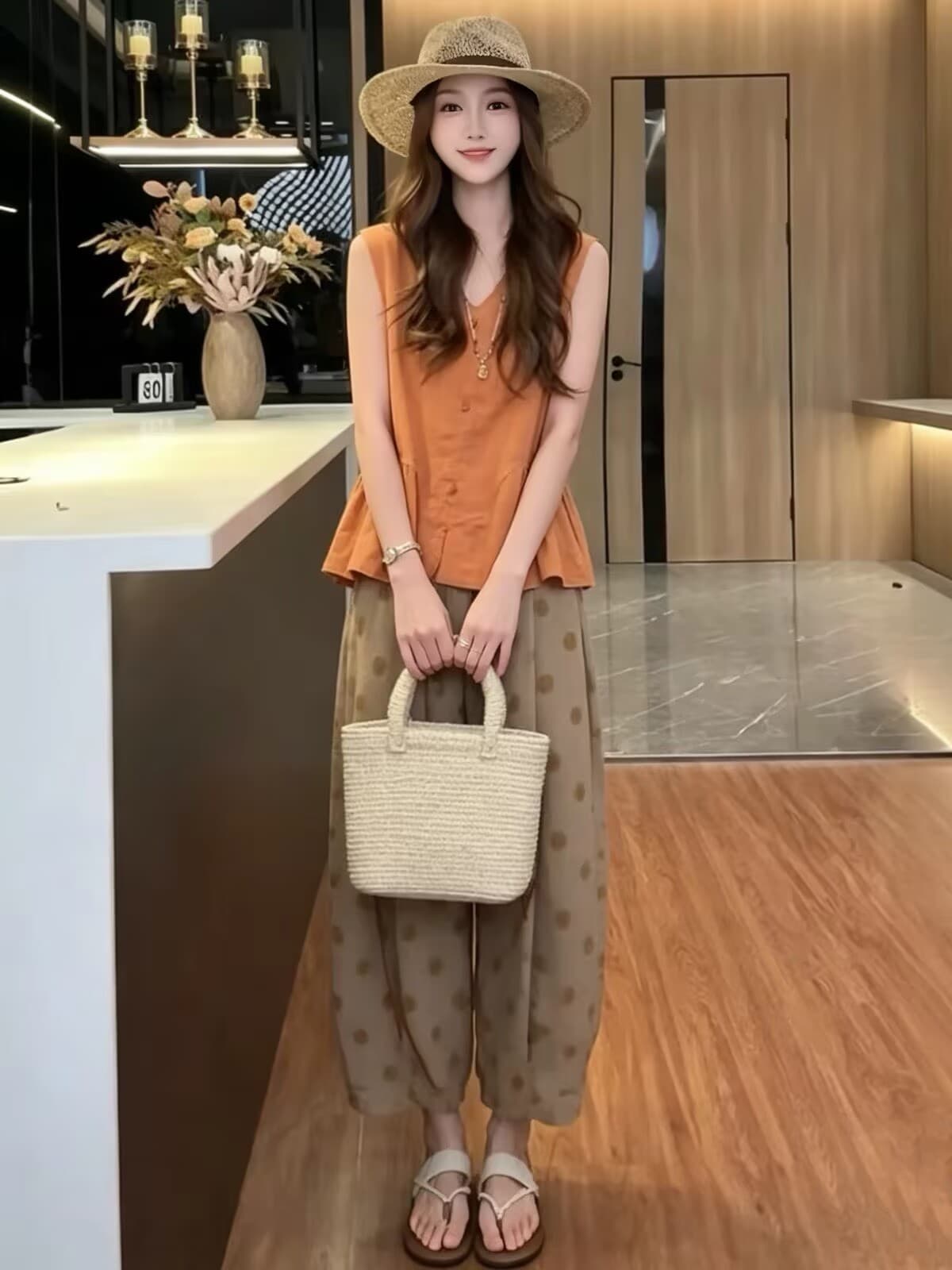 자이언트 잘 생긴 ~ 중 여름 착용 가져 가라. 전체 집합 작은 키 한 부서 패션 민소매 작은 셔츠 도트 무늬 9부 바지 투피스 세트 이미지 5