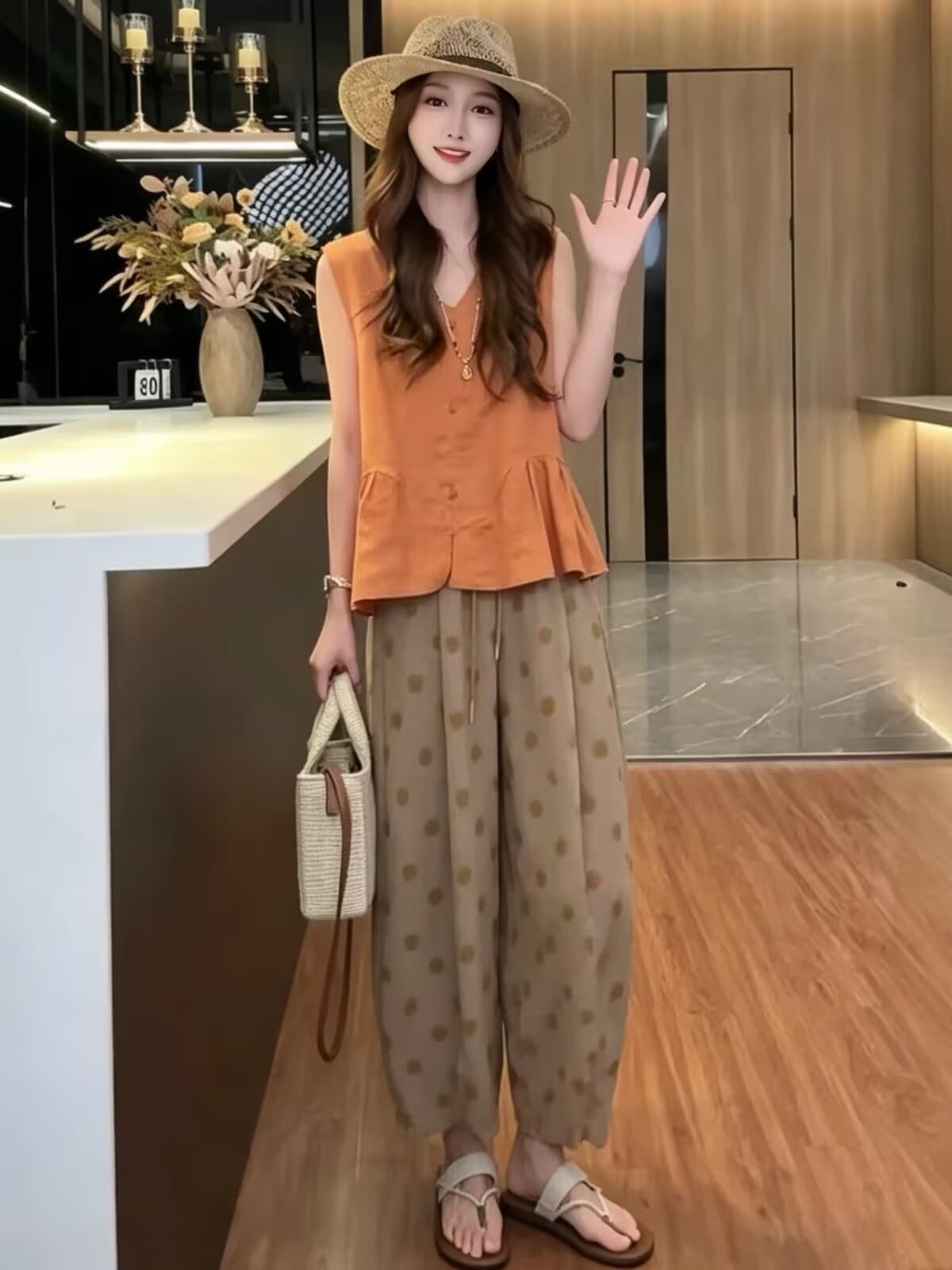 자이언트 잘 생긴 ~ 중 여름 착용 가져 가라. 전체 집합 작은 키 한 부서 패션 민소매 작은 셔츠 도트 무늬 9부 바지 투피스 세트 상세 이미지 2