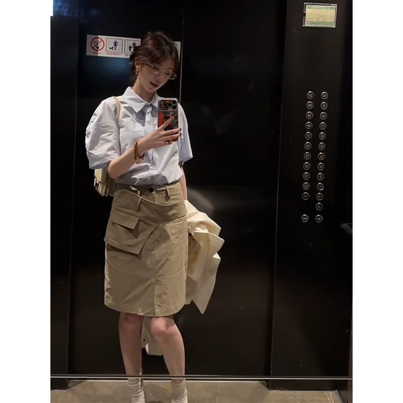 여름 한 부서 출퇴근 바람 루즈핏 폴로 칼라 반팔 여성 셔츠 품격 슬림해 보이는 반신 치마 세트 상세 이미지 2