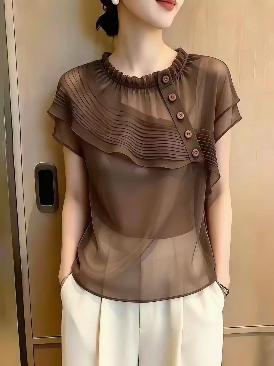 프랑스식 부드러운 바람 프릴 반팔 맨위 여성 슬림해 보이는 빛 럭셔리 우아함 빅 사이즈 여성 의류