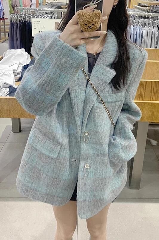조수 브랜드 레트로 체크무늬 모직 여성 코트 가을 겨울 2023 새로운 디자인 고급 센스 ins 루즈핏 정장 맨위