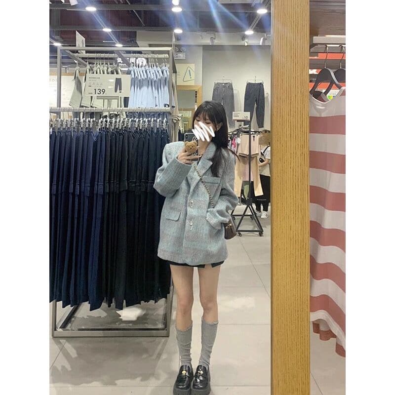 조수 브랜드 레트로 체크무늬 모직 여성 코트 가을 겨울 2023 새로운 디자인 고급 센스 ins 루즈핏 정장 맨위 이미지 3