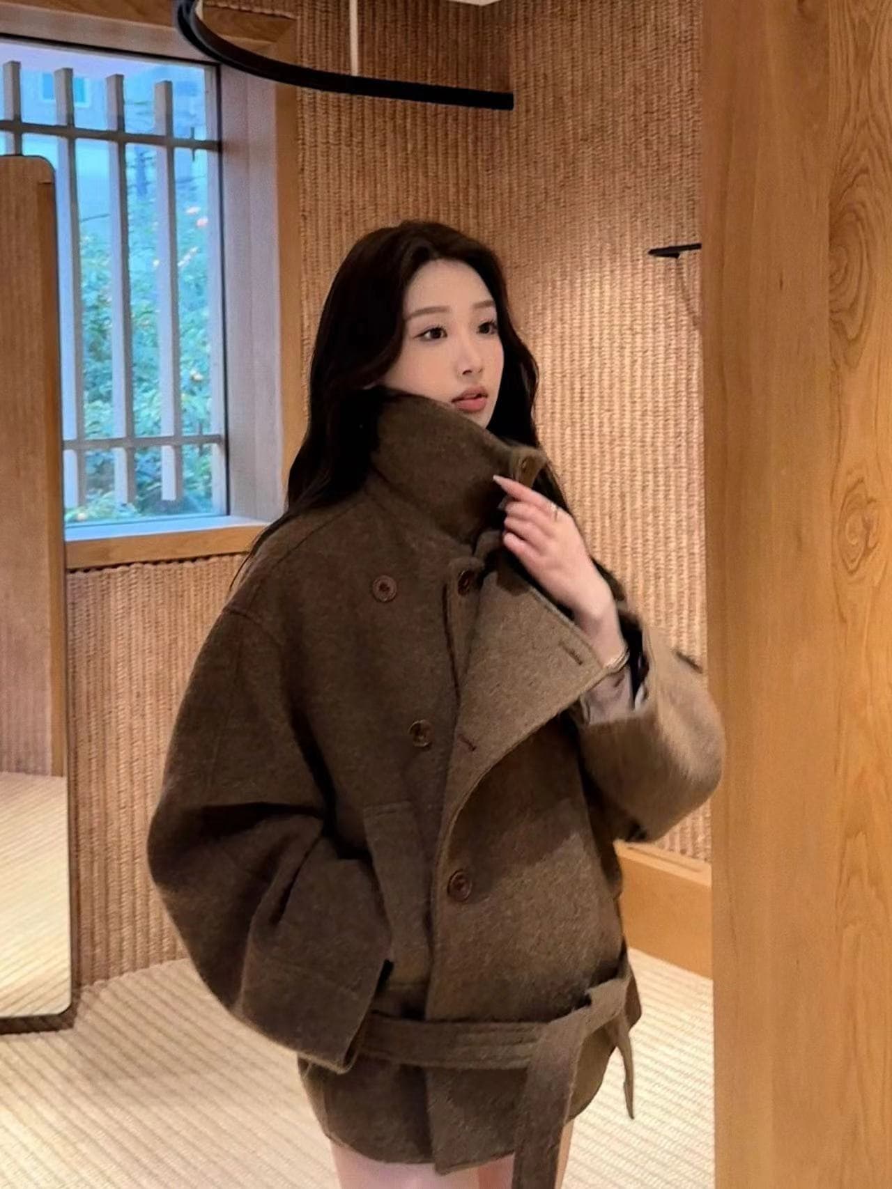 xzichic 골드 민 안녕하세요. 2.0 모직 여성 코트 스탠드 칼라 길다 쇼트 스타일 양 낙타 털 모직 코트 2026 겨울 이미지 2