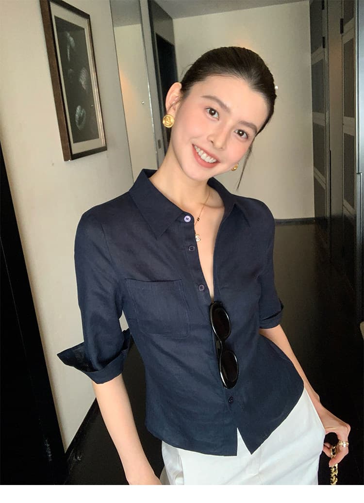 해군 우아함 숙련 된 오래된 돈 바람 아마 중간 소매 여성 셔츠 품격 허리 수축 폴로 칼라 셔츠 오픈 가디건 상세 이미지 11