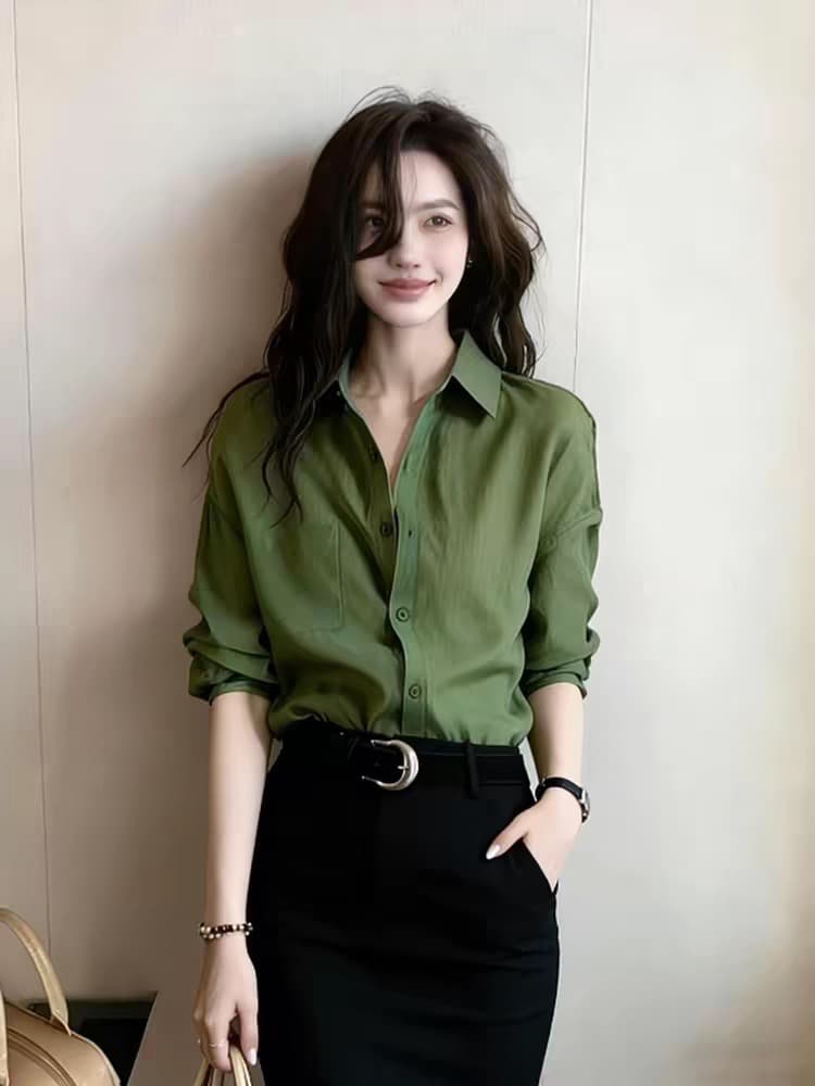 2026 가을 새로운 녹색 폴로 칼라 영구 여성 셔츠 프랑스식 출퇴근 다용도 고급 품격 셔츠 상세 이미지 2