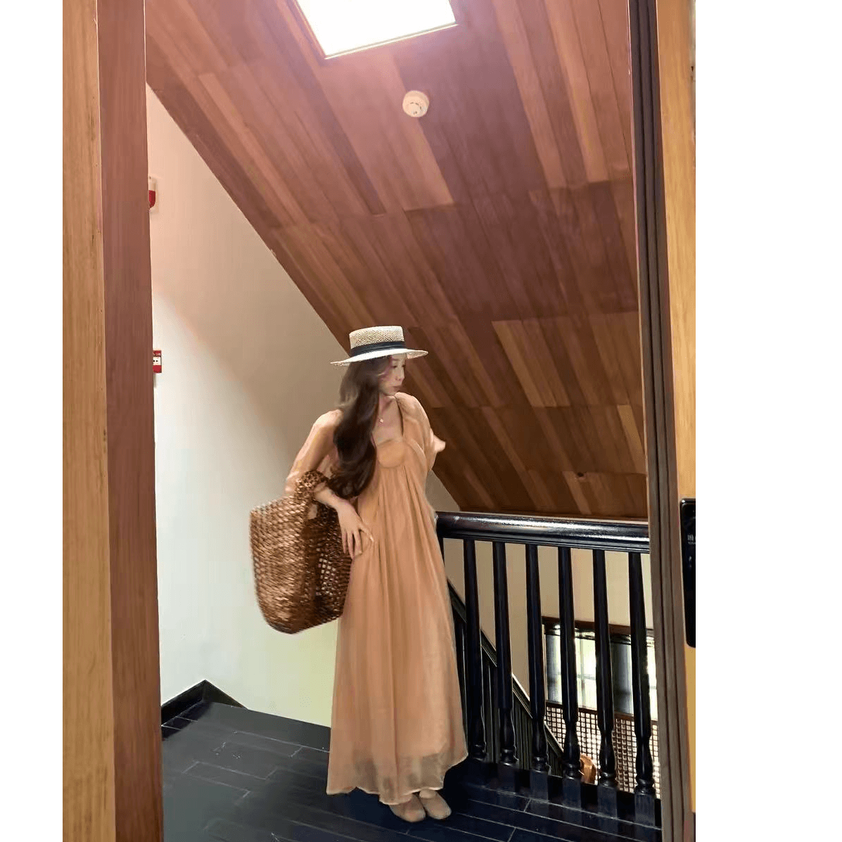 xxiiuu 호박색 깃발 감기 센스 광장 칼라 거품 소매 구슬 빛 여성 드레스 여름 품격 치마 이미지 2