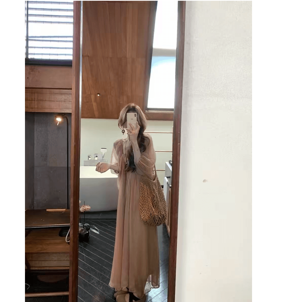 xxiiuu 호박색 깃발 감기 센스 광장 칼라 거품 소매 구슬 빛 여성 드레스 여름 품격 치마 이미지 3