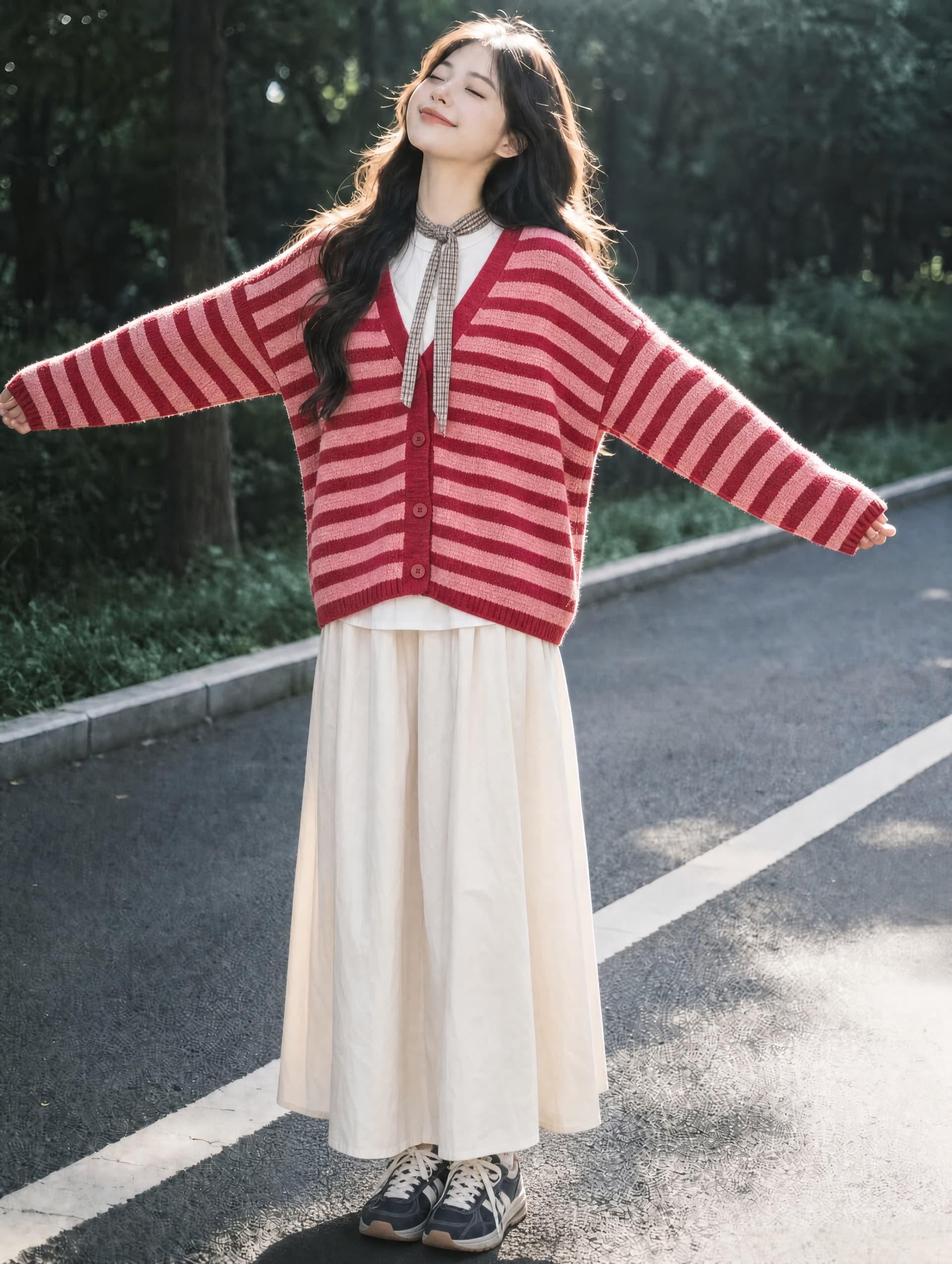가을 겨울 느긋한 바람 배색 스트라이프 스웨터 오픈 가디건 여성 코트 루즈핏 슬림해 보이는 니트 스웨터 반신 스커트 투피스 세트 상세 이미지 1