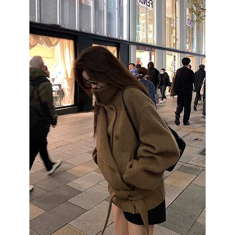 쇼트 스타일 스탠드 칼라 모직 코트 여성 가을 겨울 의류 한 부서 빛 럭셔리 명문 여성 품격 그는 벤 바람 작은 키 모직 외투 이미지 2