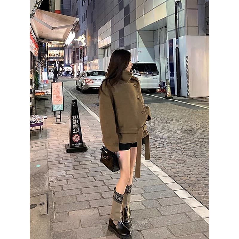 쇼트 스타일 스탠드 칼라 모직 코트 여성 가을 겨울 의류 한 부서 빛 럭셔리 명문 여성 품격 그는 벤 바람 작은 키 모직 외투 이미지 3