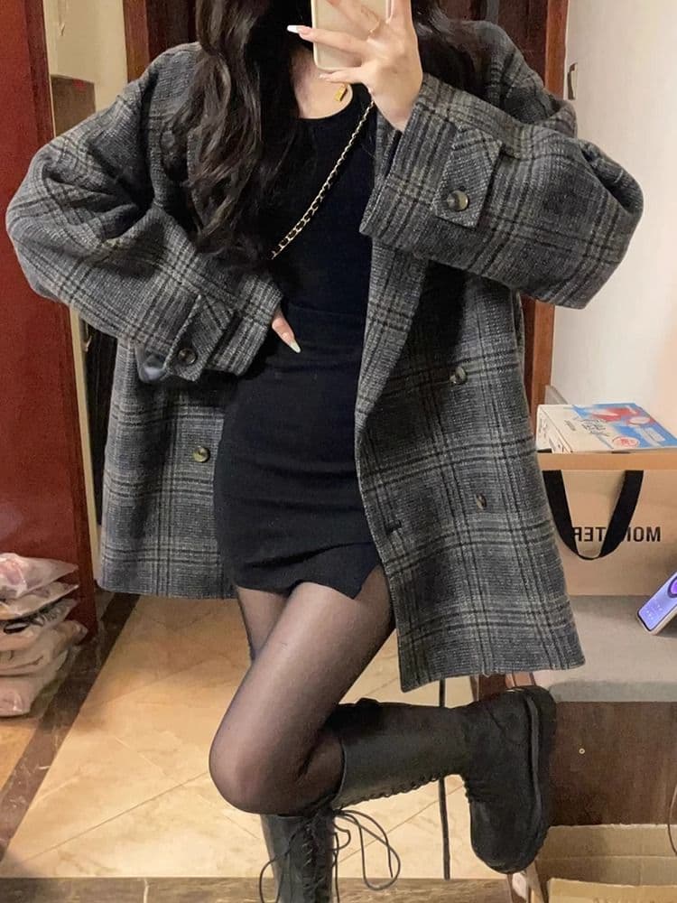 쇼트 스타일 모직 코트 여성 새로운 봄 체크무늬 모직 외투 고급 센스 두꺼운 정장 한 부서 이미지 2