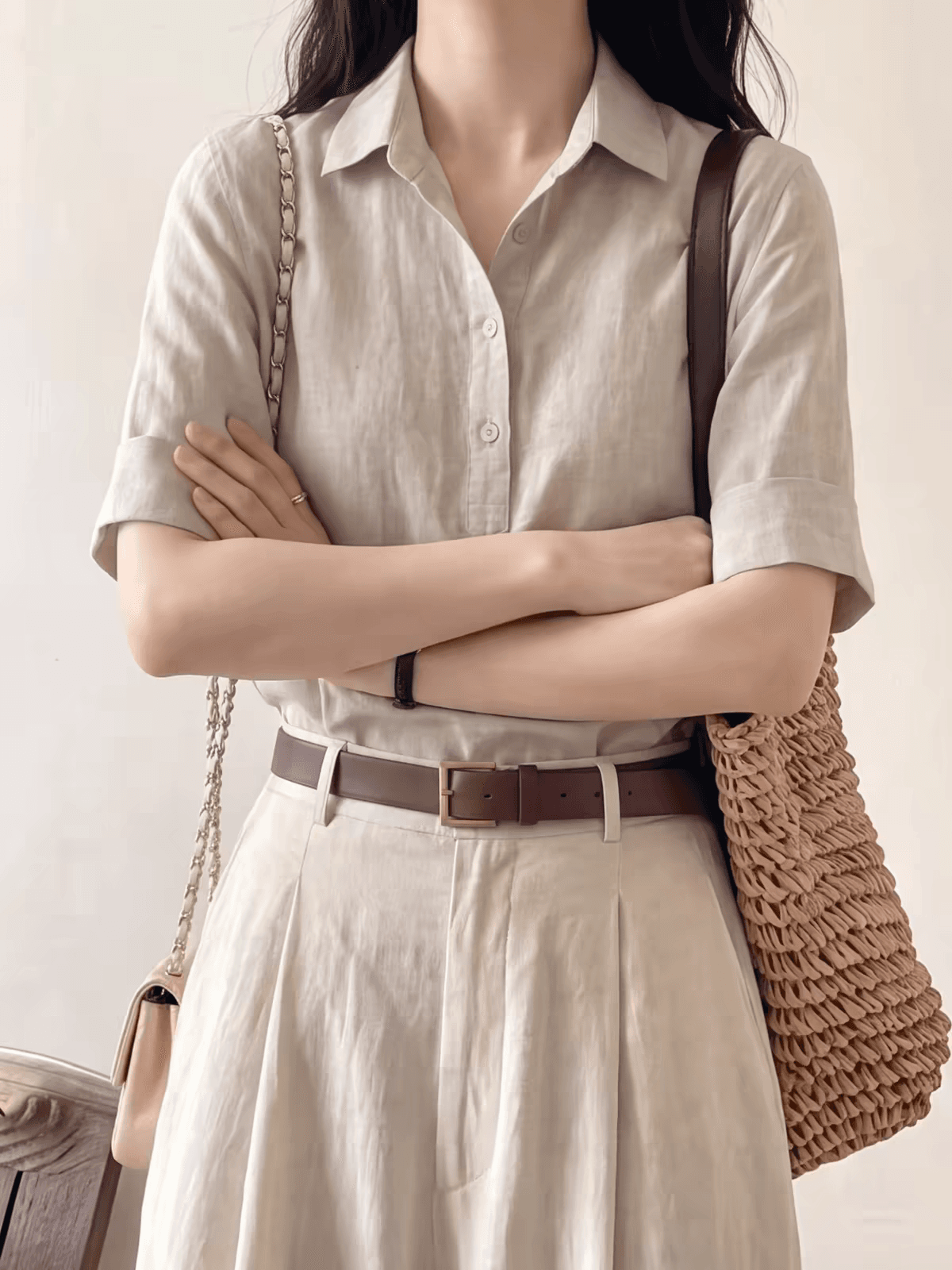 오래된 돈 바람 회색 아마 V넥 반팔 여성 셔츠 여름 얇은 스타일 고급 센스 폴로 칼라 면 린넨 셔츠 블라우스 맨위 이미지 2