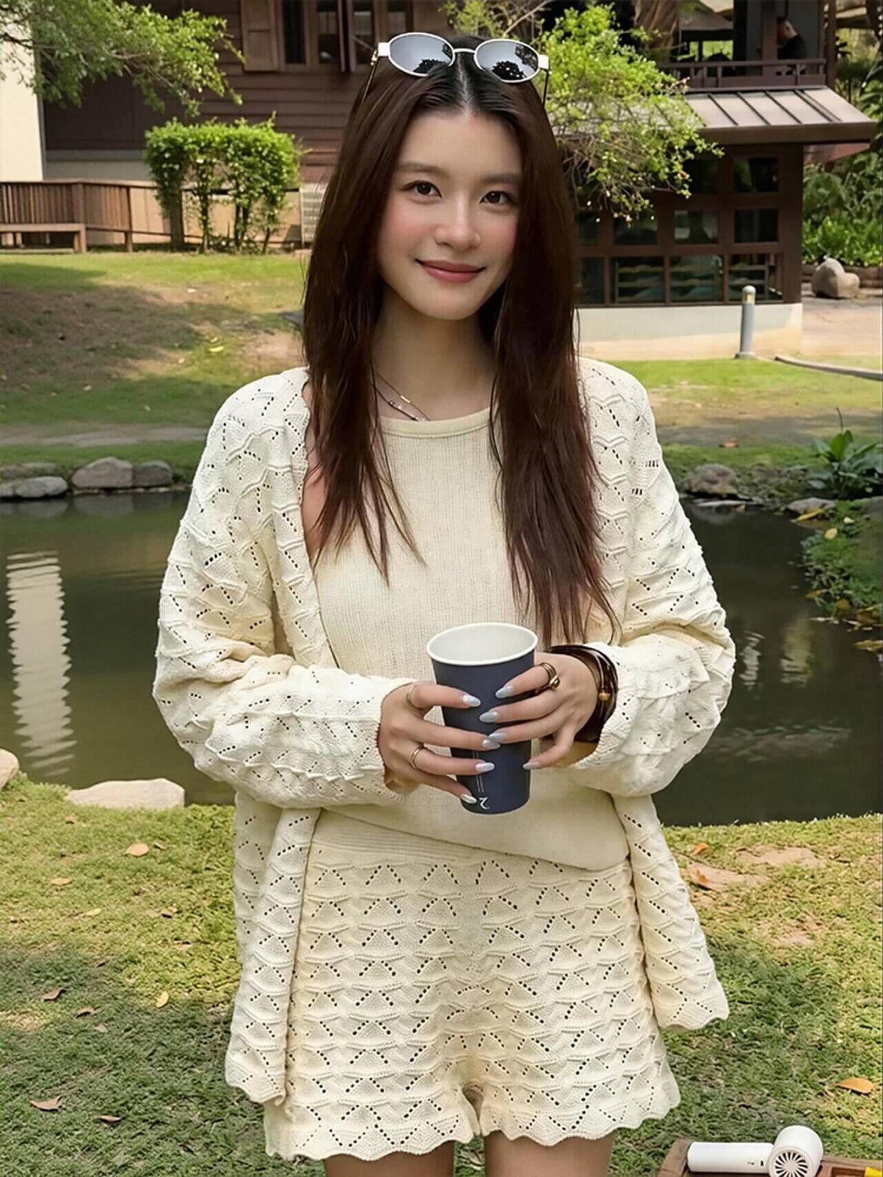캐주얼 세트 느긋한 다용도 긴팔 카디건 코트 행침 목 민소매 맨위 홀로우 아웃 반바지 3종 세트 상세 이미지 3