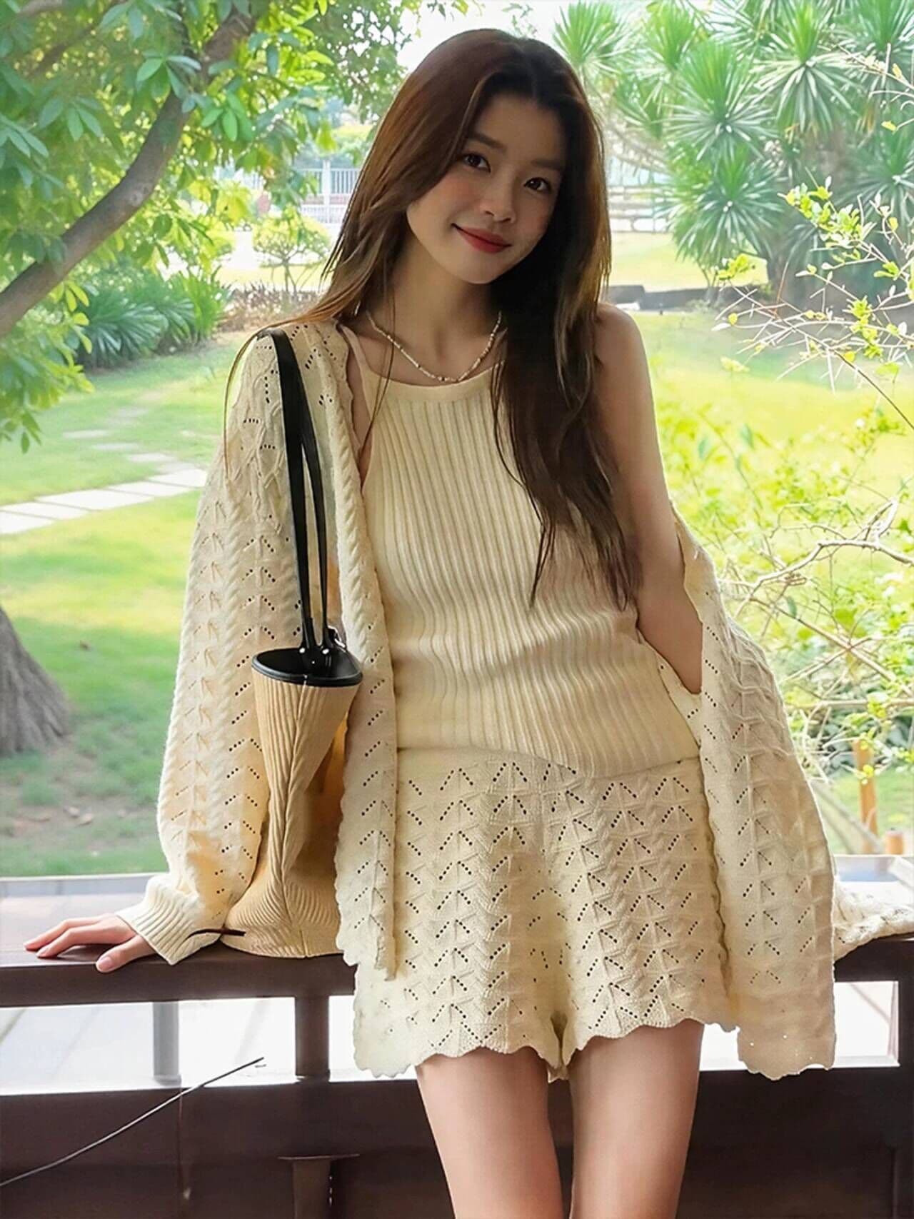 캐주얼 세트 느긋한 다용도 긴팔 카디건 코트 행침 목 민소매 맨위 홀로우 아웃 반바지 3종 세트 상세 이미지 4