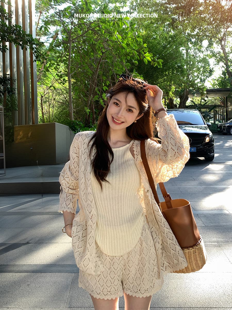 캐주얼 세트 느긋한 다용도 긴팔 카디건 코트 행침 목 민소매 맨위 홀로우 아웃 반바지 3종 세트 상세 이미지 6