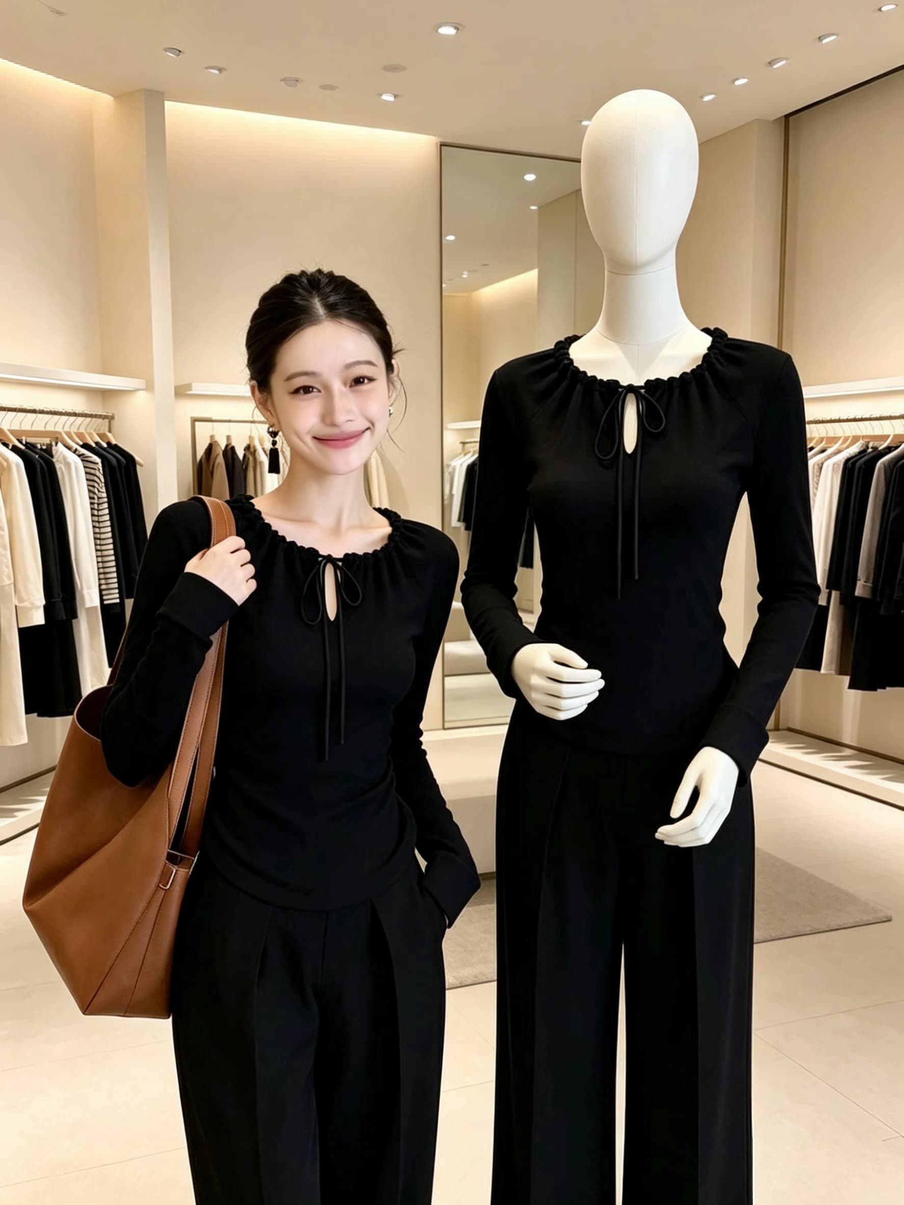 새로운 검정색 레이스업 미니멀리즘 몸매 가꾸기 인사이드 가져 가라. 셔츠 여성 2026 가을 프랑스식 고유 한 아름다운 빛 요리 한 맨위 상세 이미지 3