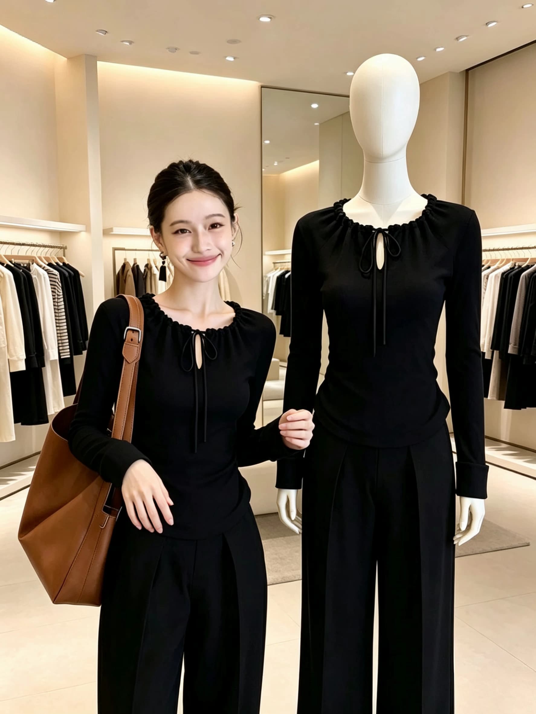 새로운 검정색 레이스업 미니멀리즘 몸매 가꾸기 인사이드 가져 가라. 셔츠 여성 2026 가을 프랑스식 고유 한 아름다운 빛 요리 한 맨위 상세 이미지 4