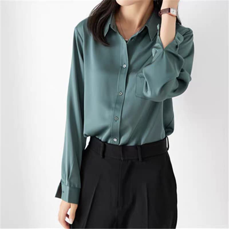 2026 년 가을 chic 세련된 디자인 센스 소금 녹색 긴팔 주머니 새틴 질감 셔츠 루즈핏 캐주얼 맨위 상세 이미지 6
