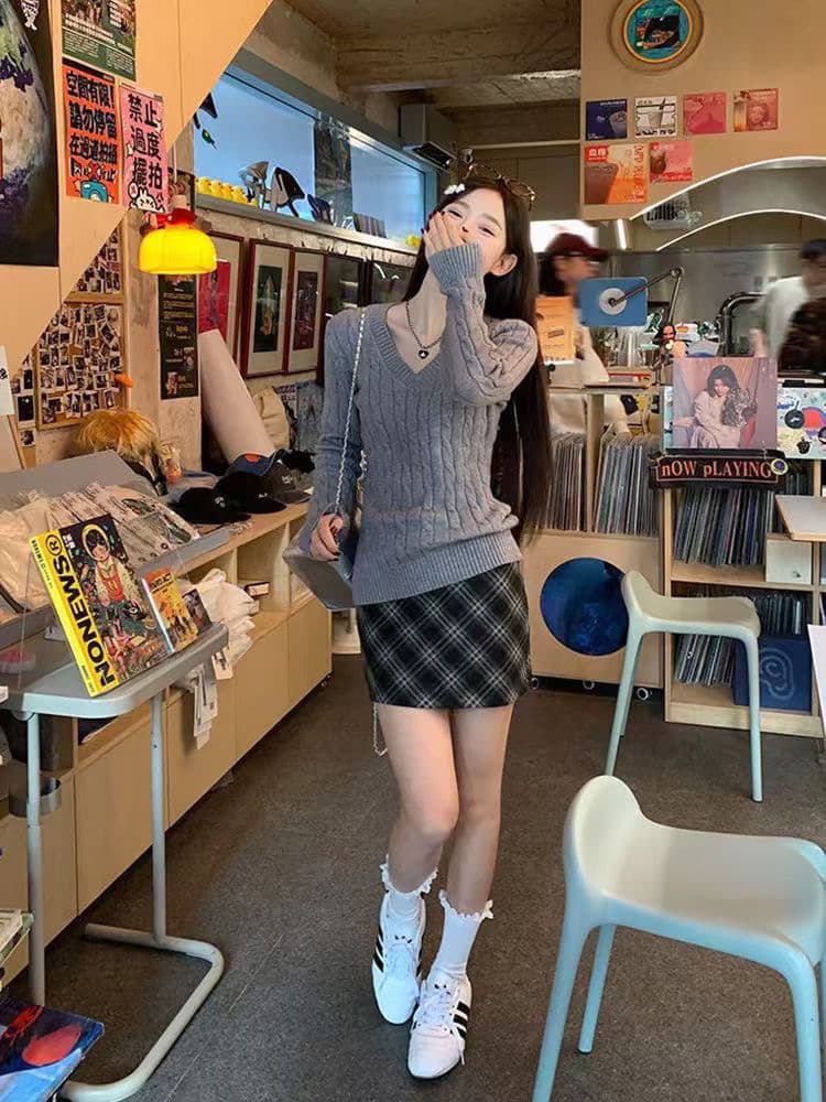 부드러운 찹쌀 고급 센스 화이트 꽈배기 V넥 풀오버 루즈핏 스웨터 인사이드 가져 가라. 외출용 맨위 이미지 3