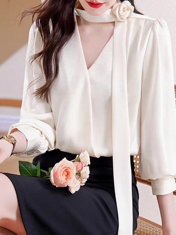2026 가을 장미 Boutonniere 리본 여성 셔츠 새로운 경력 출퇴근 셔츠 프랑스식 품격 V넥 맨위 상세 이미지 3