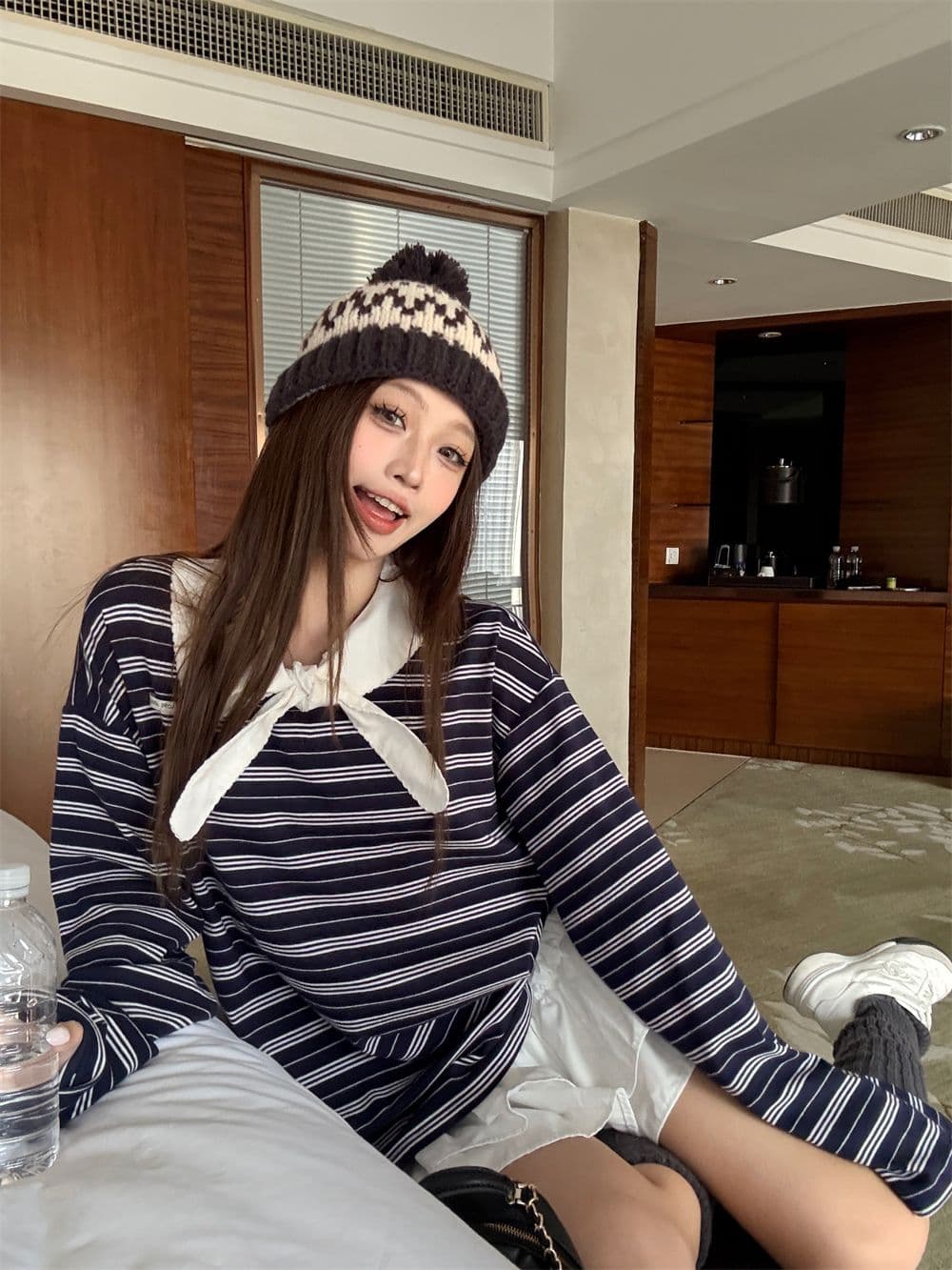 나비 넥타이 스트랩 miu 부서 스트라이프 긴팔 티셔츠 아니요 명중 섹션 느긋한 다용도 아메리칸 레트로 맨위