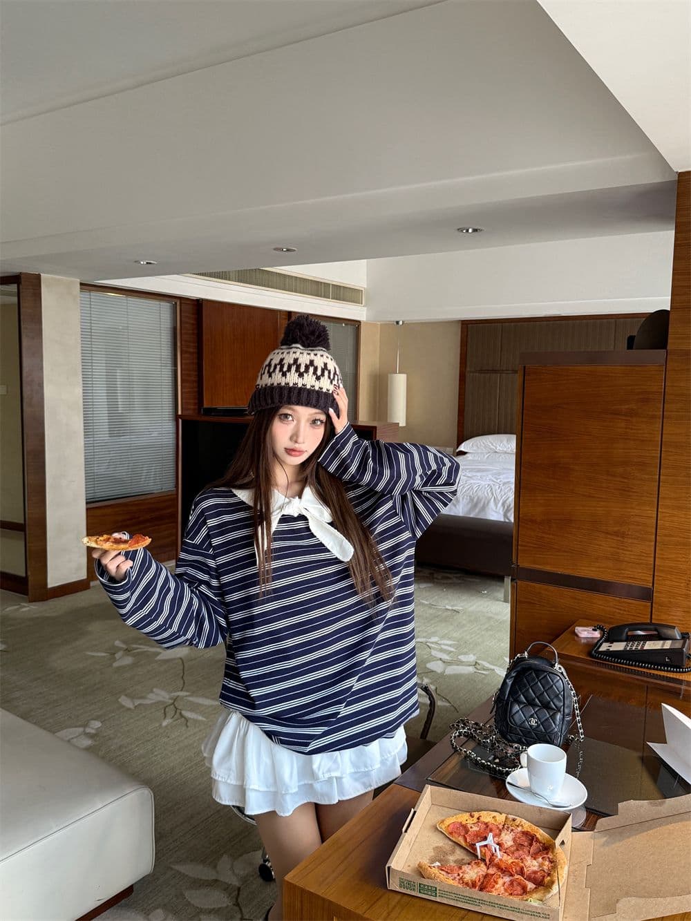 나비 넥타이 스트랩 miu 부서 스트라이프 긴팔 티셔츠 아니요 명중 섹션 느긋한 다용도 아메리칸 레트로 맨위 이미지 2