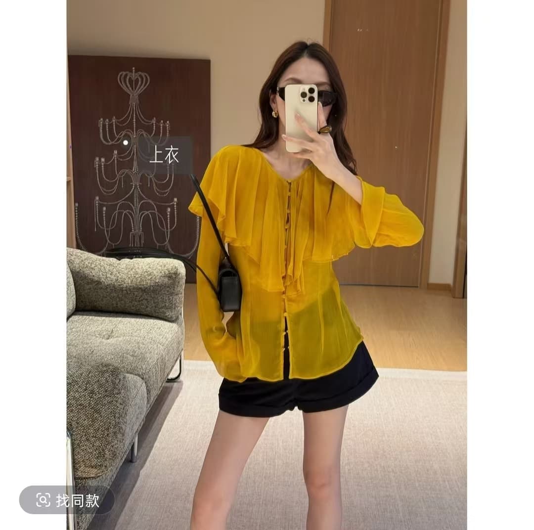 디자인 센스 불규칙 단추 프랑스식 부드러운 바람 나팔 소매 긴팔 셔츠 이미지 2