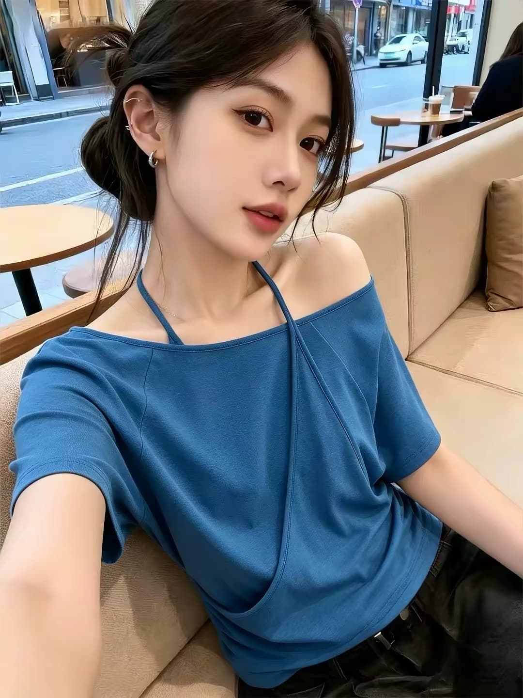 여름 ootd 착용 가져 가라. 디자인 센스 다용도 슬림해 보이는 비스듬한 어깨 의류 여성 의류 파란색 페이크 레이어드 행침 목 반팔 티셔츠 상세 이미지 4