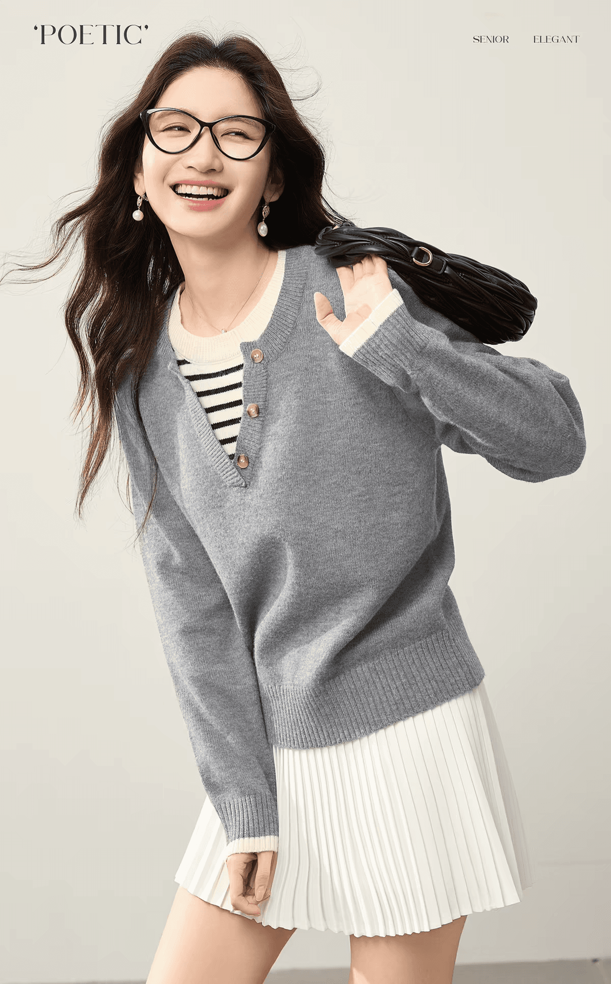 페이크 레이어드 스트라이프 패치워크 회색 스웨터 여자 2025 가을 겨울 느긋한 느슨함 센스 니트 풀오버 셔츠 이미지 2