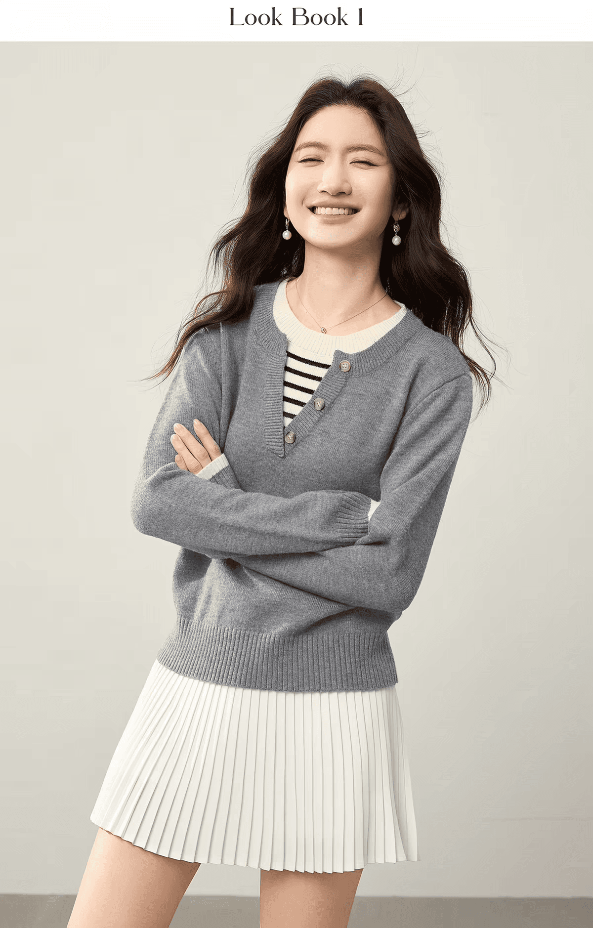 페이크 레이어드 스트라이프 패치워크 회색 스웨터 여자 2025 가을 겨울 느긋한 느슨함 센스 니트 풀오버 셔츠 이미지 3