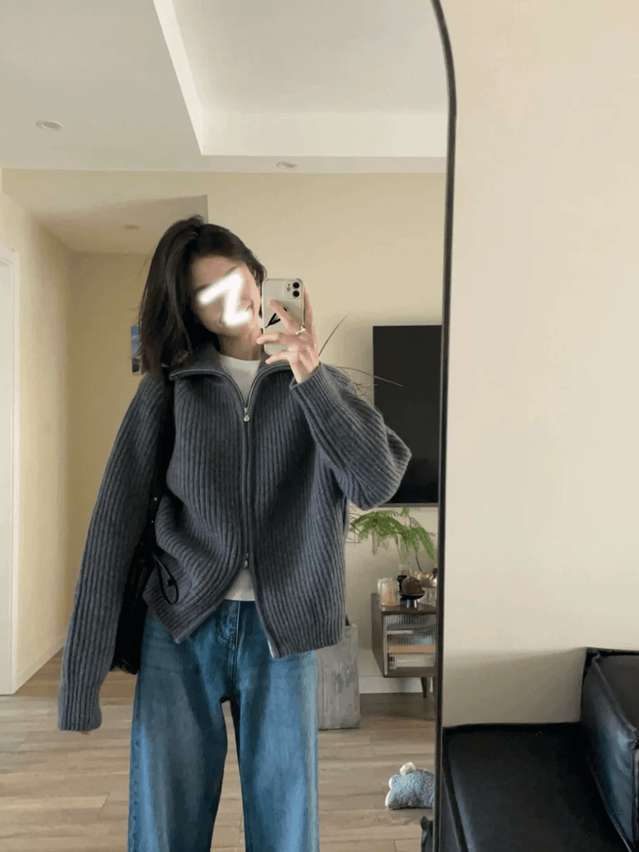 레트로 회색 폴로 칼라 니트 스웨터 오픈 가디건 여성 코트 가을 겨울철 루즈핏 느긋한 바람 외출용 더블 지퍼 터틀넥