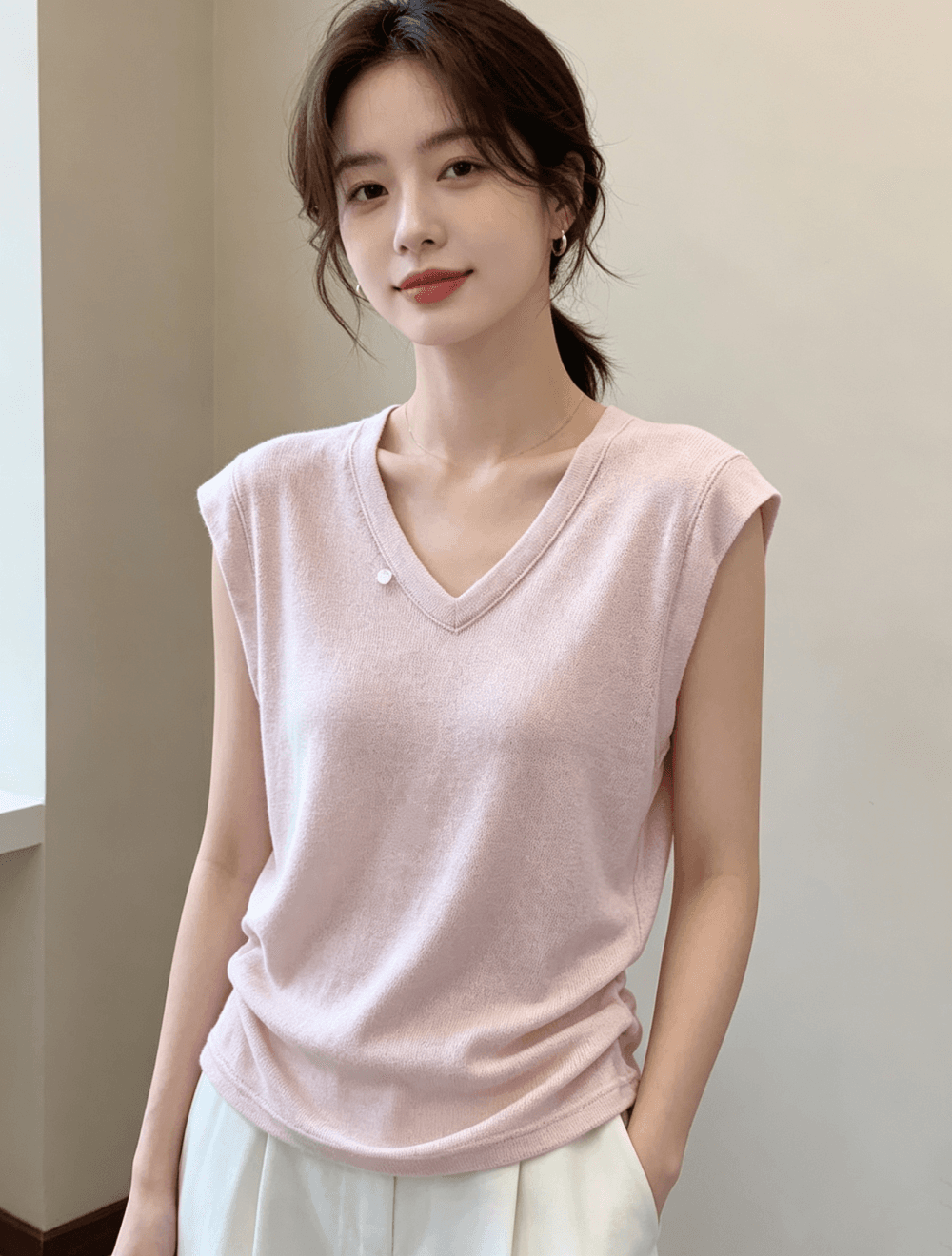 여름 새로운 미니멀리즘 바람 V넥 반팔 티셔츠 허리 수축 슬림해 보이는 다용도 외국 가스 맨위 상세 이미지 3