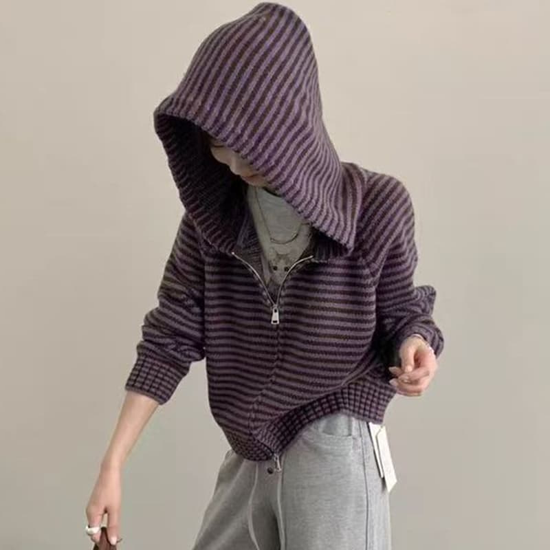 스트라이프 부드러운 찹쌀 지퍼 후드 스웨터 쇼트 스타일 재킷 다용도 고급 센스 루즈핏 느긋한 니트 맨위