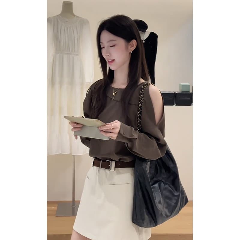 한 부서 출퇴근 바람 오프숄더 긴팔 품격 셔츠 코디 여름 패션 반신 스커트 여성복 상세 이미지 4