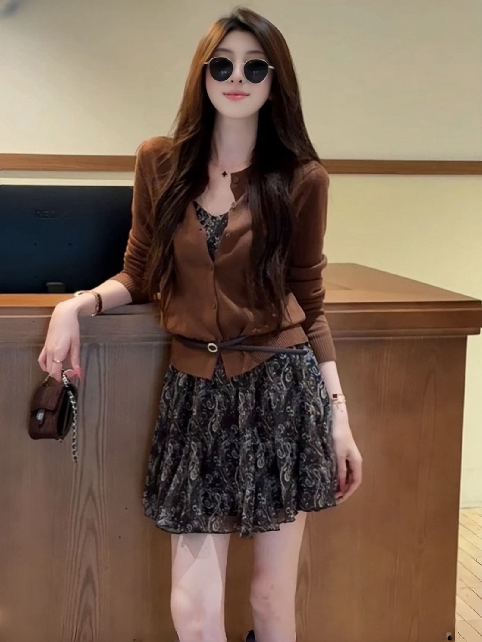 가을 의상 오래된 돈 바람 니트 오픈 가디건 벨트 꽃무늬 슬립 드레스 품격 세트 빛 요리 한 외국 가스 착용 가져 가라. 상세 이미지 2