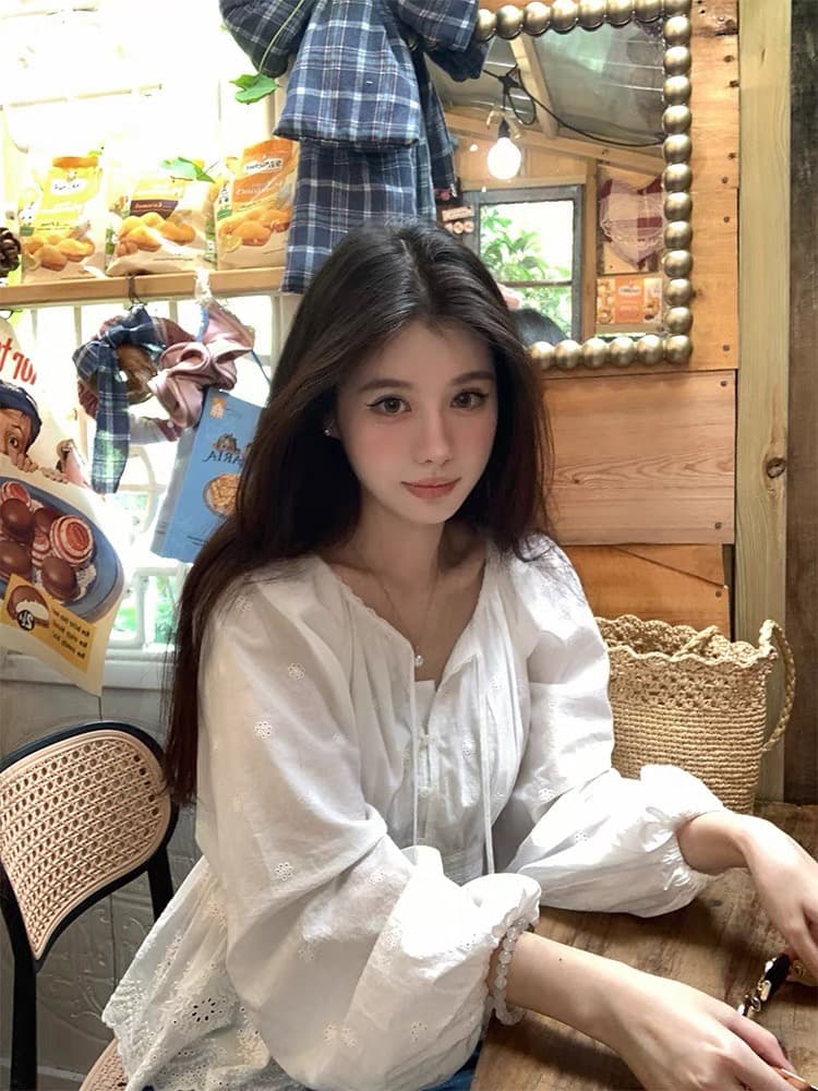 vasse 아름다움 게 프랑스식 우아함 화이트 자수 레이스 면 소재 허리 수축 작은 셔츠 여성 가을 느긋한 느슨함 맨위 상세 이미지 3