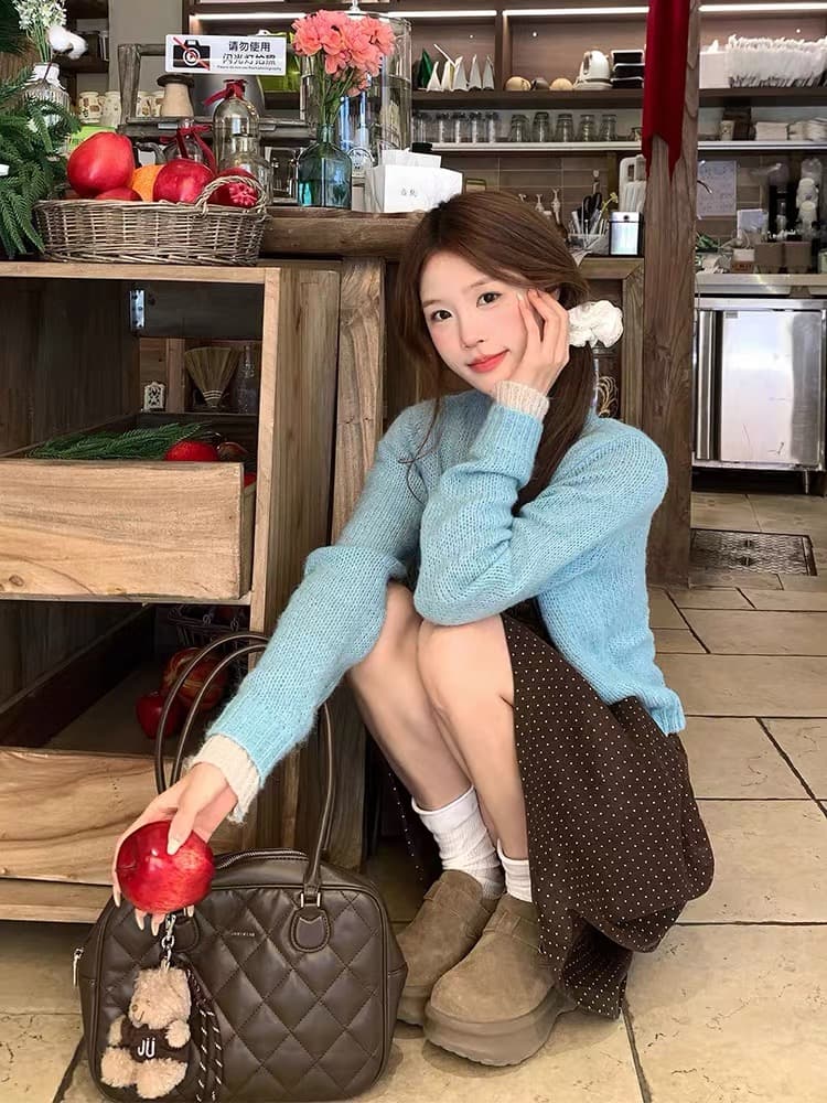 한 부서 분위기 센스 도파민 파란색 페이크 레이어드 니트 오픈 가디건 여성 긴 소매 스웨터 코트 반신 스커트 투피스 세트 상세 이미지 3