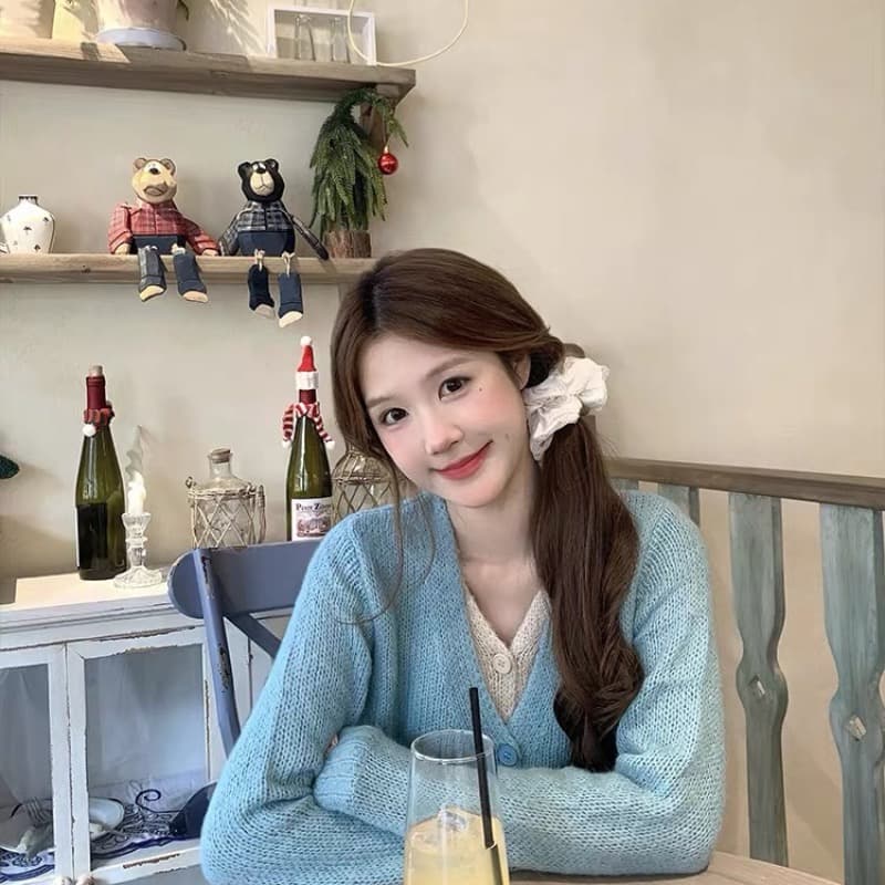 한 부서 분위기 센스 도파민 파란색 페이크 레이어드 니트 오픈 가디건 여성 긴 소매 스웨터 코트 반신 스커트 투피스 세트 상세 이미지 5