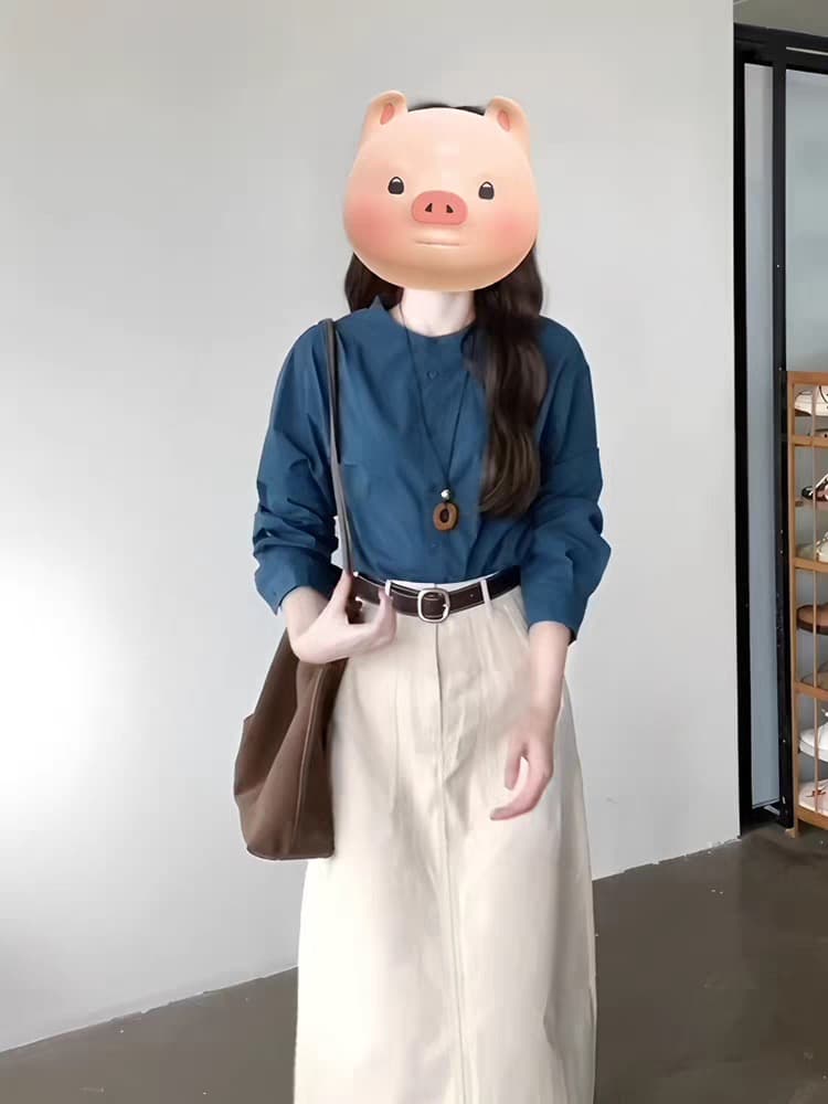 프랑스식 레트로 레이크 블루 색상 긴팔 여성 셔츠 2026 봄 가을 새로운 루즈핏 슬림해 보이는 맨위 라운드 넥 다용도 셔츠 이미지 3