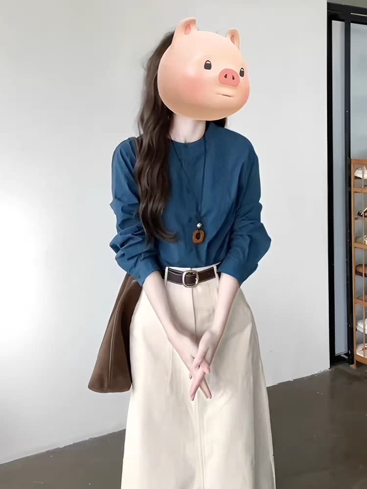 프랑스식 레트로 레이크 블루 색상 긴팔 여성 셔츠 2026 봄 가을 새로운 루즈핏 슬림해 보이는 맨위 라운드 넥 다용도 셔츠 상세 이미지 3