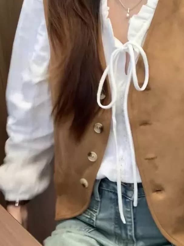 유목민 바람 레트로 스웨이드 원단 베스트 ins2026 이른 가을 새로운 민소매 어깨 조끼 스택 착용 셔츠 상세 이미지 3