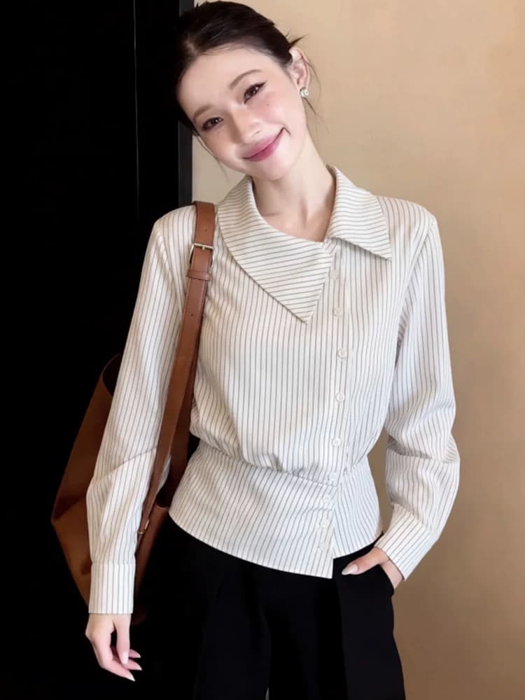 이른 가을 외출용 셔츠 재킷 고급 센스 품격 맨위 얇은 프랑스식 살구 색상 스트라이프 POLO 칼라 긴팔 여성 셔츠 이미지 3