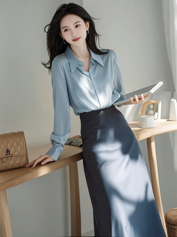 가을 출근 출퇴근 배 종류 몸 착용 가져 가라. 높은 추위 팬 가스 전계 강도 대 여성 의류 파란색 셔츠 치마 세트 여성