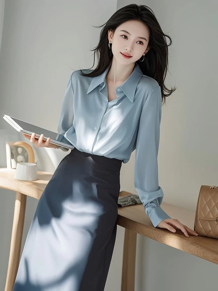 가을 출근 출퇴근 배 종류 몸 착용 가져 가라. 높은 추위 팬 가스 전계 강도 대 여성 의류 파란색 셔츠 치마 세트 여성 이미지 2