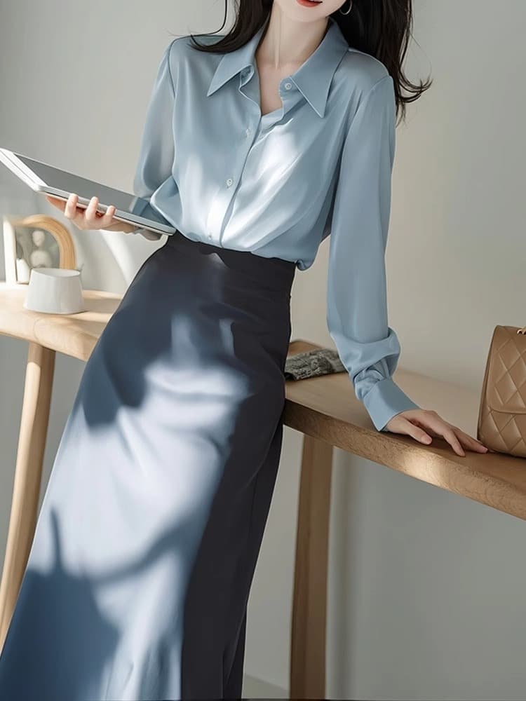 가을 출근 출퇴근 배 종류 몸 착용 가져 가라. 높은 추위 팬 가스 전계 강도 대 여성 의류 파란색 셔츠 치마 세트 여성 이미지 3