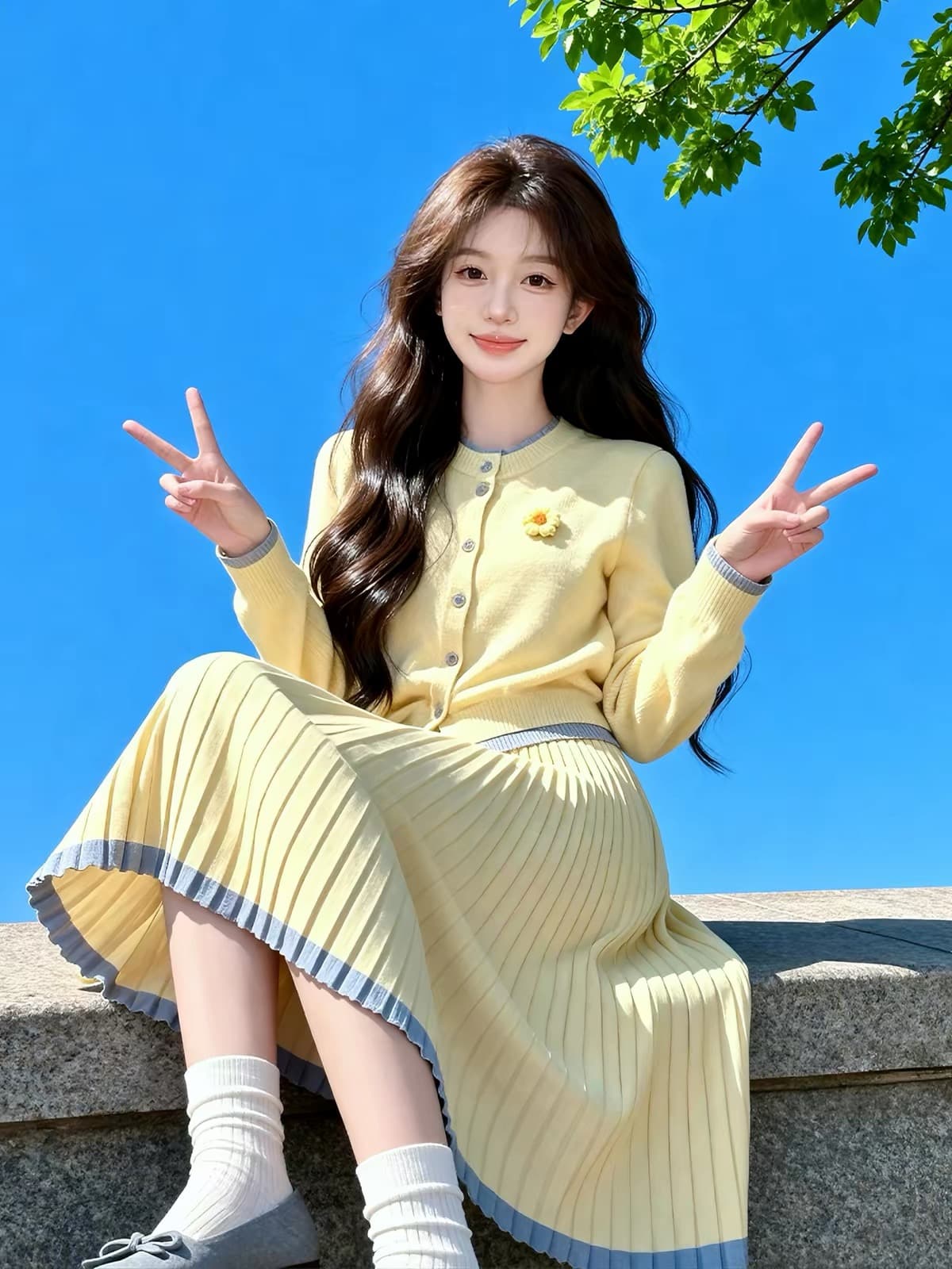 조기 가을 코디 황색 니트 오픈 가디건 착용 가져 가라. 전체 집합 ootd 빛 사람들 코치 반신 스커트 투피스 세트 여성 의류
