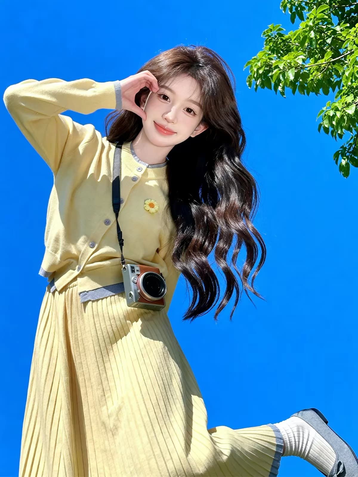 조기 가을 코디 황색 니트 오픈 가디건 착용 가져 가라. 전체 집합 ootd 빛 사람들 코치 반신 스커트 투피스 세트 여성 의류 이미지 2