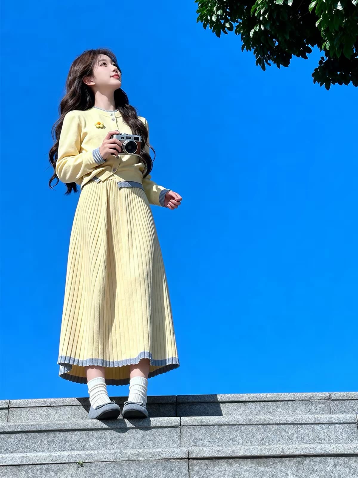조기 가을 코디 황색 니트 오픈 가디건 착용 가져 가라. 전체 집합 ootd 빛 사람들 코치 반신 스커트 투피스 세트 여성 의류 이미지 4