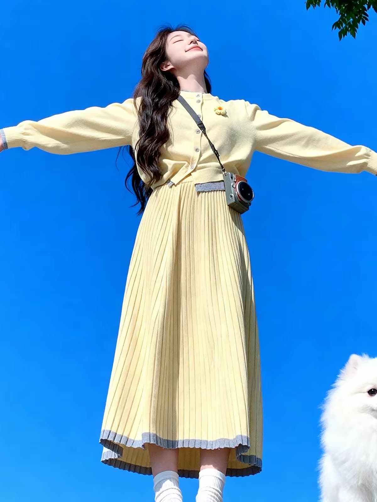 조기 가을 코디 황색 니트 오픈 가디건 착용 가져 가라. 전체 집합 ootd 빛 사람들 코치 반신 스커트 투피스 세트 여성 의류 상세 이미지 3